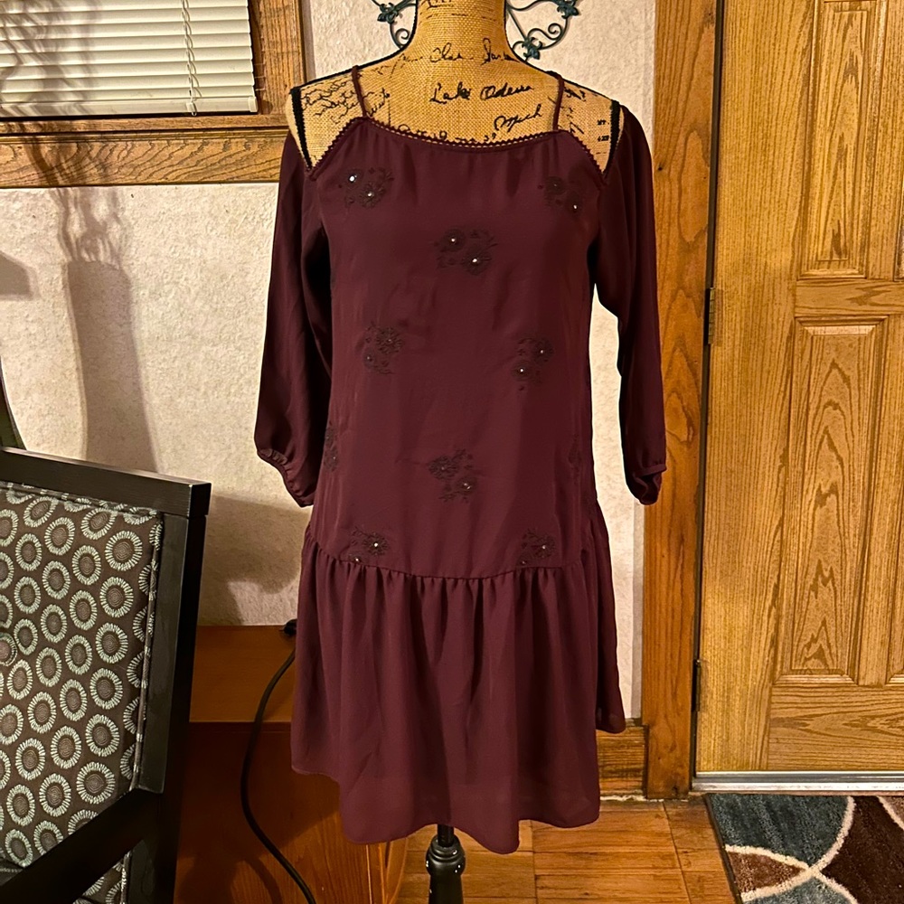 Xhilaration Maroon/Plum Floral Embroidered Cold Shoulder Dress Womens Size XL